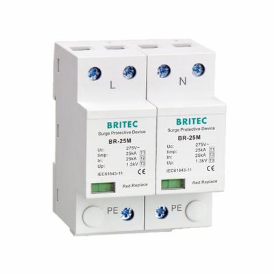 25kA τύπος - 1 ενιαία φάση T1 10/350us 2P προστάτη 275V 1.3kV κύματος